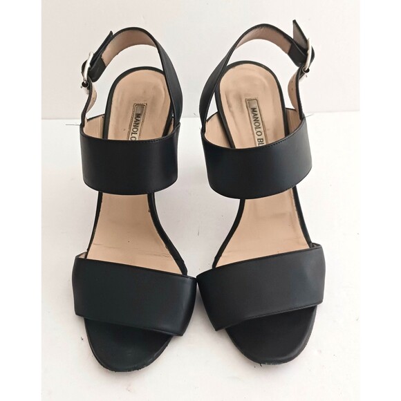 Manolo Blahnik Khan Blk Calfskin Leather Slingback Heeled Sandal EU 37.5 US 7.5 - Picture 2 of 13